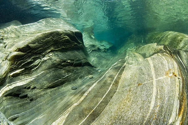 Erosion of the riverbed of the Verzasca River, Lavertezzo, Valle Verzasca, Canton Ticino, Switzerland