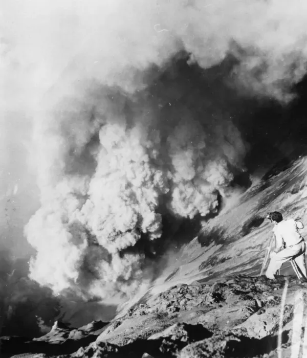 Framed Print : Eruption. April 1958: Naturalist photographer, Charles Lagus filming for the BBC Framed Print : Eruption. April 1958: Naturalist photographer, Charles Lagus filming for the BBC
