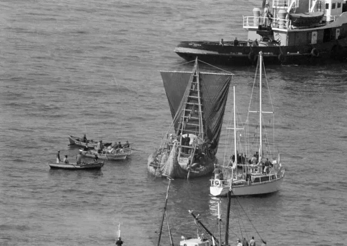 Framed Print : Escort Boats Follow Thor Heyerdahl on the Ra Framed Print : Escort Boats Follow Thor Heyerdahl on the Ra