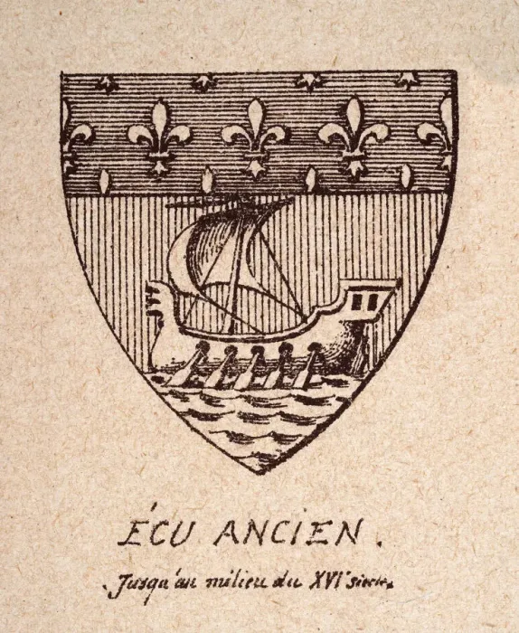 Framed Print : Escutcheon, or heraldic shield, 16th Century French coat of arms, fleur de lis and ship Framed Print : Escutcheon, or heraldic shield, 16th Century French coat of arms, fleur de lis and ship