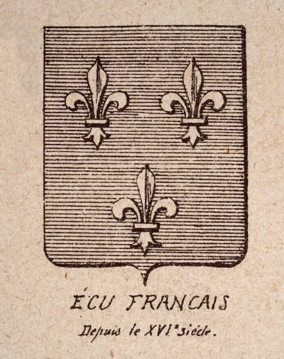 Framed Print : Escutcheon, or heraldic shield, 16th Century French coat of arms, fleur de lis on striped background Framed Print : Escutcheon, or heraldic shield, 16th Century French coat of arms, fleur de lis on striped background