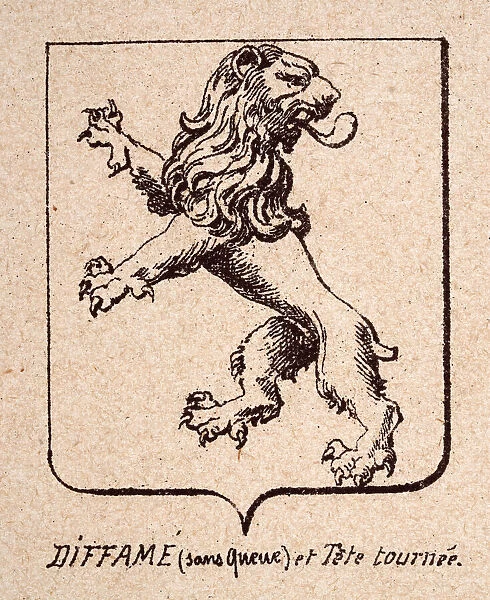 Escutcheon, or heraldic shield, Lions rampant without tail head turned, Diffame (sans queue) et Tete tournee, Heraldry
