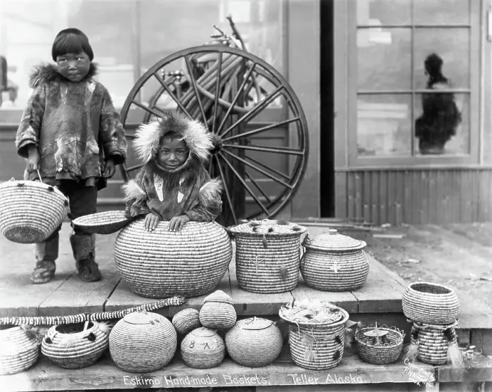 Framed Print : Eskimo Boys Selling Handmade Baskets Framed Print : Eskimo Boys Selling Handmade Baskets