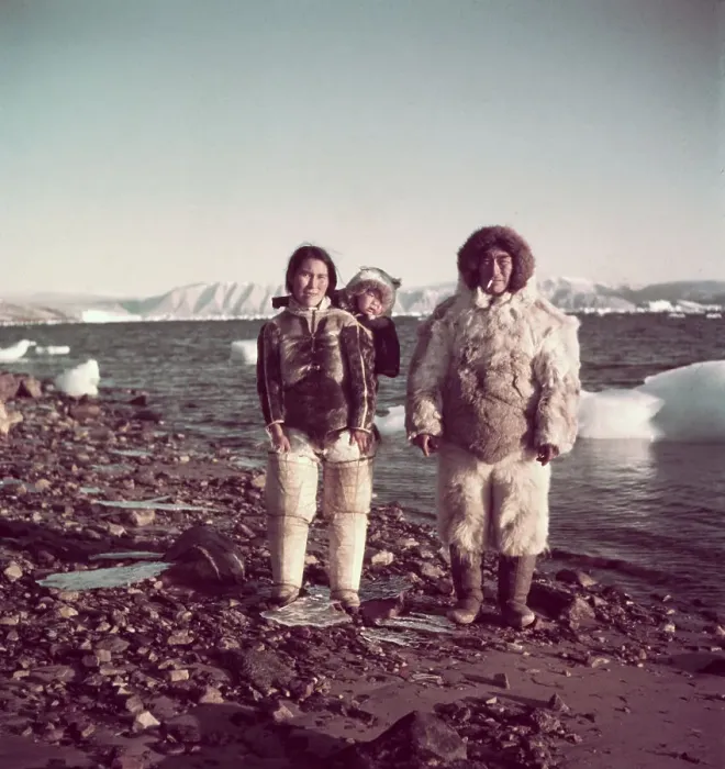 Framed Print : Eskimo Family Walking on Beach Framed Print : Eskimo Family Walking on Beach