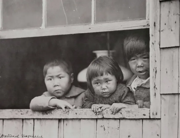 Framed Print : Eskimo Youngsters Peering from Window Framed Print : Eskimo Youngsters Peering from Window