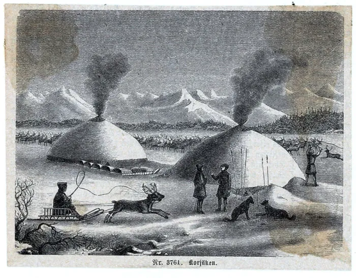 Framed Print : Eskimos With Reindeer And Dwellings Framed Print : Eskimos With Reindeer And Dwellings