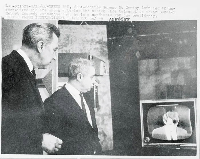 Framed Print : Eugene McCarthy With Campaign Worker Watching Television Broadcast Framed Print : Eugene McCarthy With Campaign Worker Watching Television Broadcast