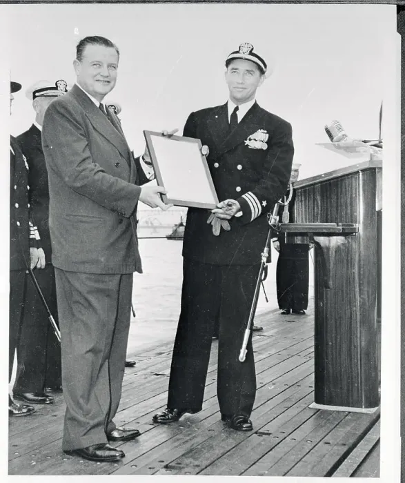 Framed Print : Eugene Wilkinson and John Hopkins Holding a Plaque Framed Print : Eugene Wilkinson and John Hopkins Holding a Plaque