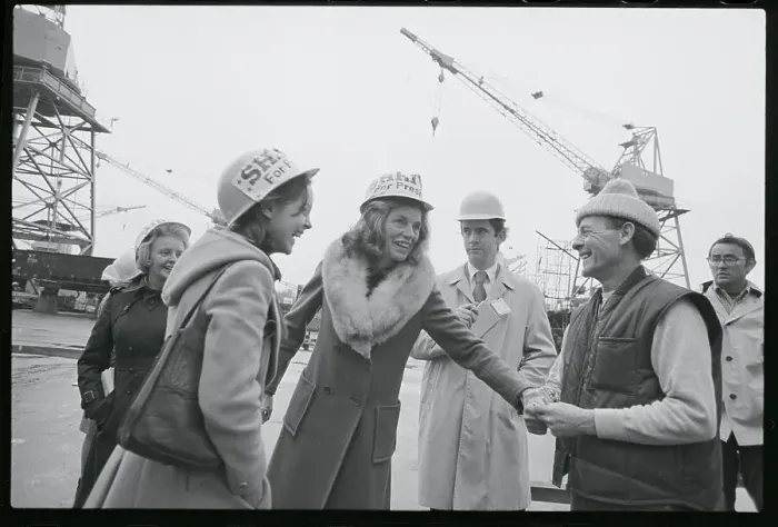 Framed Print : Eunice Shriver Chatting with Shipyard Workers Framed Print : Eunice Shriver Chatting with Shipyard Workers