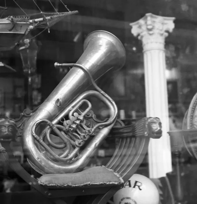 Framed Print : Euphonium on window display