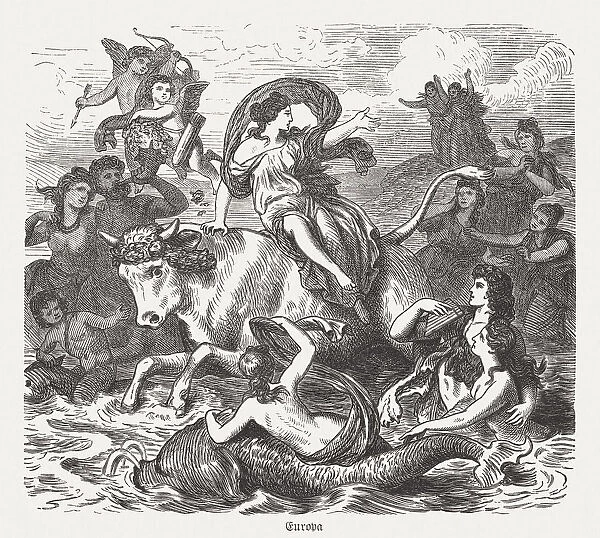 Europa on the bull, Greek mythology, wood engraving, published 1880