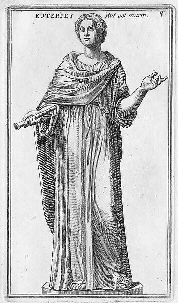 Euterpe or Eutelpe, is one of the nine muses, usually considered representative of the art of sound and lyrical poetry, historical Rome, Italy, digital reproduction of an 18th century original, original date not known