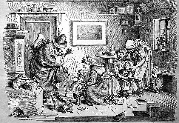 On the Eve of Christmas, Knecht Ruprecht Visits the Family and the Children, 1880, Germany, digitally restored reproduction of an original 19th-century print