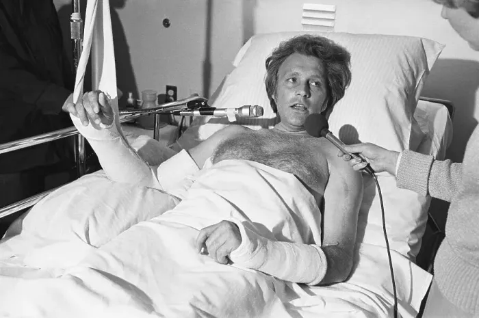 Framed Print : Evel Knievel Giving Interviews in Hospital Framed Print : Evel Knievel Giving Interviews in Hospital
