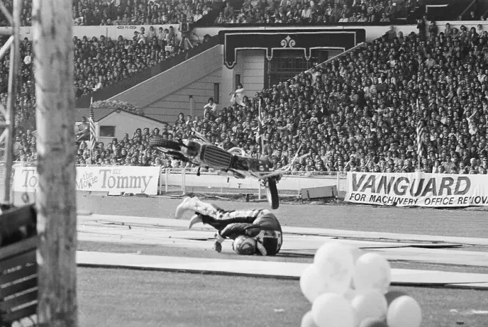 Framed Print : Evel Knievel Landing off his Motorcycle Framed Print : Evel Knievel Landing off his Motorcycle
