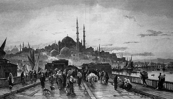 Evening on the Bosphorus Bridge in Istanbul, Turkey, c. 1890, digitally restored reproduction of an original 19th-century painting