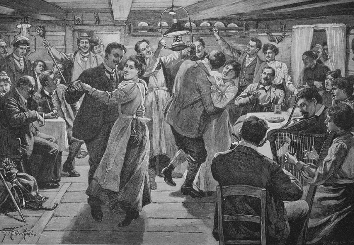 Framed Print : Evening entertainment in an inn in the Krkonose Mountains with dancing and music, Silesia, Germany, Poland, 1899, Historic, digital reproduction of a 19th century original, original date not known Framed Print : Evening entertainment in an inn in the Krkonose Mountains with dancing and music, Silesia, Germany, Poland, 1899, Historic, digital reproduction of a 19th century original, original date not known