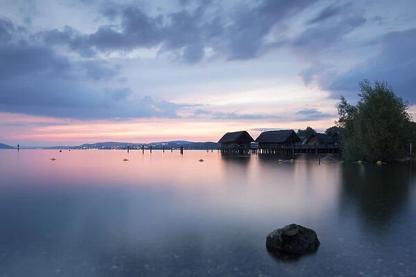 Evening at Lake Constance with stilt houses, Lake Constanz, near Uhldingen, Baden-Wurttemberg, Germany
