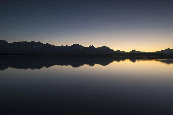 Evening light on the shore of Hopfensee Lake, Allgaeu Alps at back, Fuessen, Ostallgaeu region, Allgaeu, Bavaria, Germany, Europe