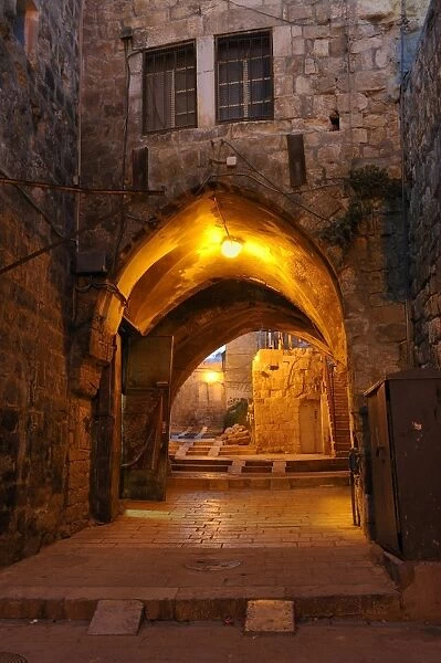 Evening mood with a deserted street in the Jewish Quarter, Old City of Jerusalem, Israel, Middle East, Asia