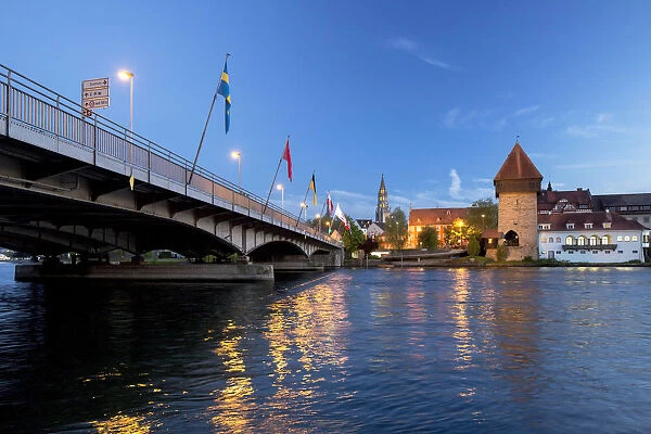 Evening mood at the old bridge over the Rhine with Konstanz Minster or Konstanz Cathedral at back, Lake Constance, Konstanz, Baden-Wurttemberg, Germany