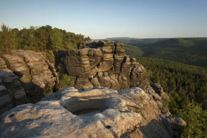 Framed Print : Evening mood from Pfaffenstein table mountain with Opferkessel stone basin in the Elbe Sandstone Mountains, Saxony, Germany, Europe Framed Print : Evening mood from Pfaffenstein table mountain with Opferkessel stone basin in the Elbe Sandstone Mountains, Saxony, Germany, Europe