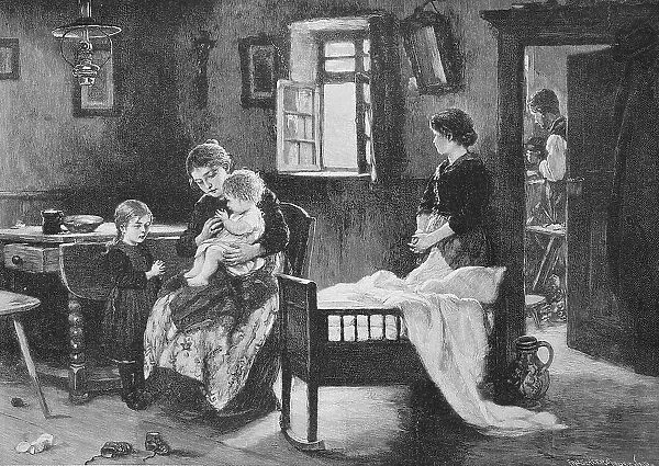 Evening Prayer in the Farmer's Parlour, the Bed is Already Prepared for the Baby, 1880, Germany, Historic, digital reproduction of an original 19th-century painting, original date unknown