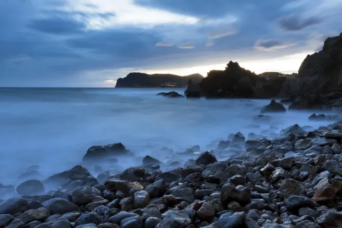 Framed Print : Evening at the sea with waves in Peguera, Majorca, Balearic Islands, Spain, Europe Framed Print : Evening at the sea with waves in Peguera, Majorca, Balearic Islands, Spain, Europe