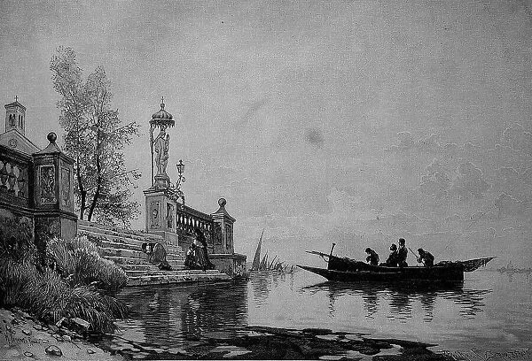 Evening service near Chioggia in Italy, believers have come to the church by boat, after a painting by Hermann Corrodi, Italy, Historic, digital reproduction of an original 19th century original