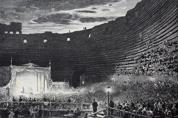 An event at the Arena di Verona, 1886, Arena di Verona, a Roman amphitheatre in the Piazza Bra in Verona, Italy, History, digital reproduction of an original 19th-century artwork