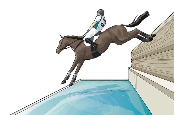 Eventing rider jumping over water