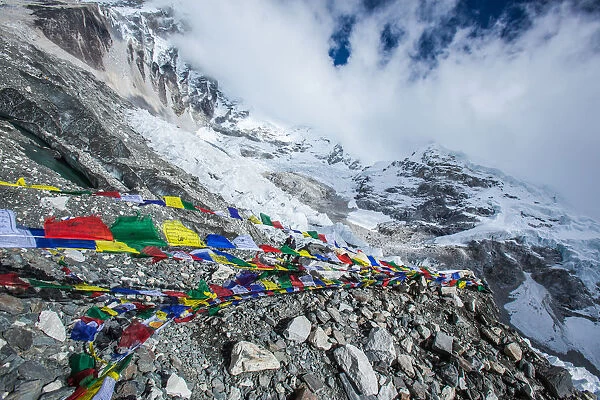 Everest base camp, Everest base camp trek, Himalayas, Nepal, prayer flags, Colour Image
