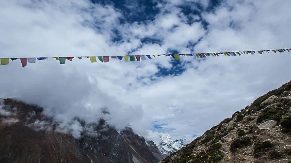 Everest base camp trek, Himalayas, Nepal, prayer flags, Colour Image, Color Image