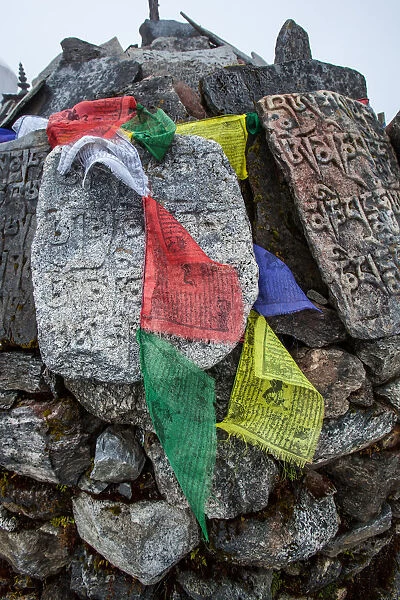 Everest base camp trek, Himalayas, Nepal, Tengboche, mani stones, prayer flags, Colour Image