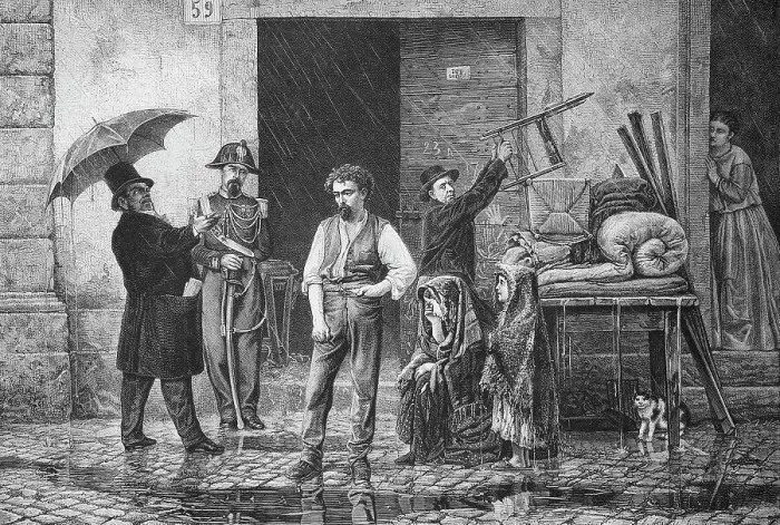 Framed Print : Eviction of a family who can no longer pay their rent and is now standing in the rain from the city of Rome, 1880, Italy, Historic, digitally restored reproduction of an original 19th-century artwork Framed Print : Eviction of a family who can no longer pay their rent and is now standing in the rain from the city of Rome, 1880, Italy, Historic, digitally restored reproduction of an original 19th-century artwork