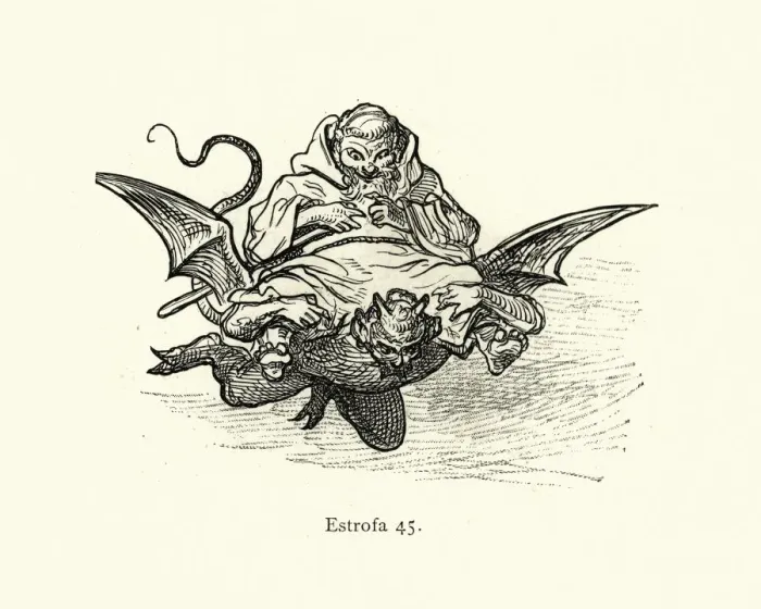 Framed Print : Evil monk flying on back of a demon. Fantasy Framed Print : Evil monk flying on back of a demon. Fantasy