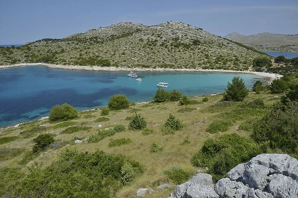 Excursion boats in Lojena Bay, Levrnaka Island, Kornati islands, Kornati National Park, Adriatic, Croatia