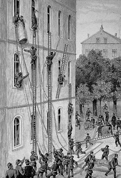 Exercise for rescuing fire patients in a Berlin hospital, fire brigade, Germany, fire drill, historical, digital reproduction of an original from the 19th century