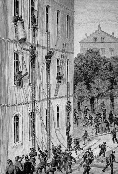 Framed Print : Exercise for rescuing fire patients in a Berlin hospital, fire brigade, Germany, fire drill, historical, digital reproduction of an original from the 19th century Framed Print : Exercise for rescuing fire patients in a Berlin hospital, fire brigade, Germany, fire drill, historical, digital reproduction of an original from the 19th century