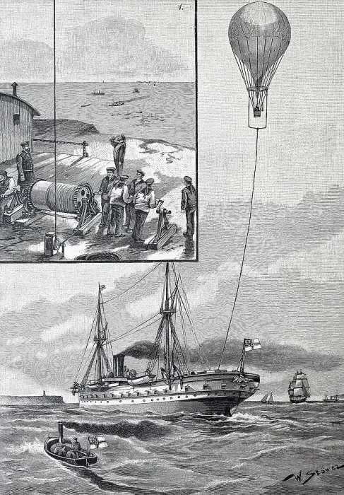 Framed Print : Experiments with the tethered balloon on the sea near Helgoland, Germany, Historical, digital reproduction of an original from the 19th century Framed Print : Experiments with the tethered balloon on the sea near Helgoland, Germany, Historical, digital reproduction of an original from the 19th century