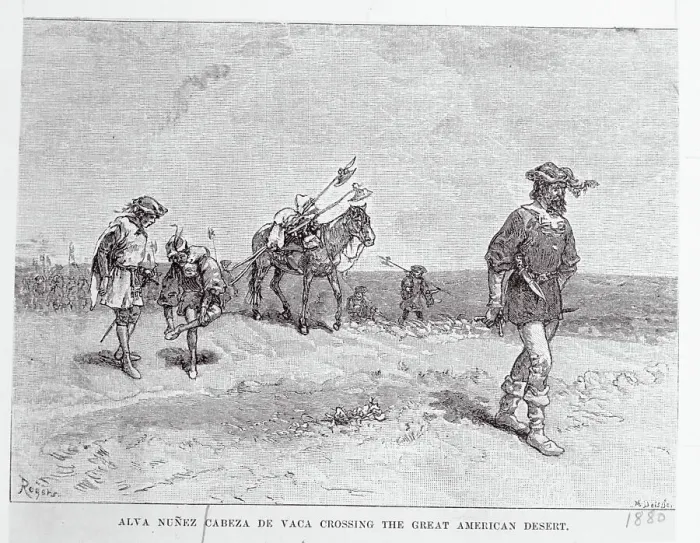Framed Print : Explorer Alva Nunez De Vaca and Men Trekking American Terrain Framed Print : Explorer Alva Nunez De Vaca and Men Trekking American Terrain