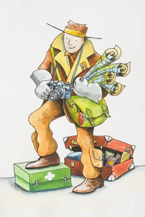 Framed Print : Explorer, wearing overcoat, cargo pants, boots and hat, carrying rolled-up maps, camera, and satchel, standing on first aid box, with over-packed suitcase behind Framed Print : Explorer, wearing overcoat, cargo pants, boots and hat, carrying rolled-up maps, camera, and satchel, standing on first aid box, with over-packed suitcase behind