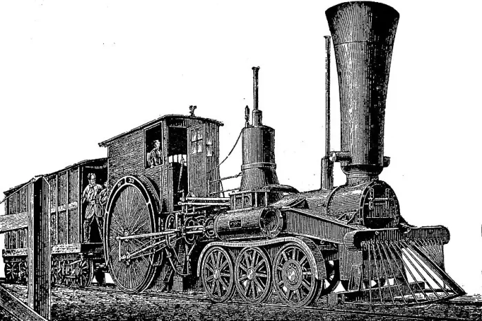Framed Print : Express train locomotive from 1850, digitally restored reproduction of an original 19th century, France Framed Print : Express train locomotive from 1850, digitally restored reproduction of an original 19th century, France