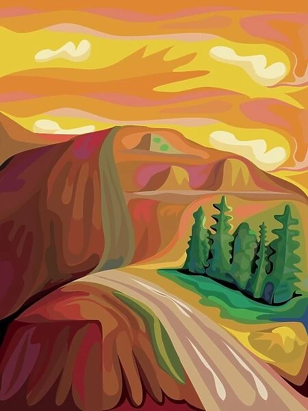 Expressionist Mountain Landscape with road in warm orange and browns