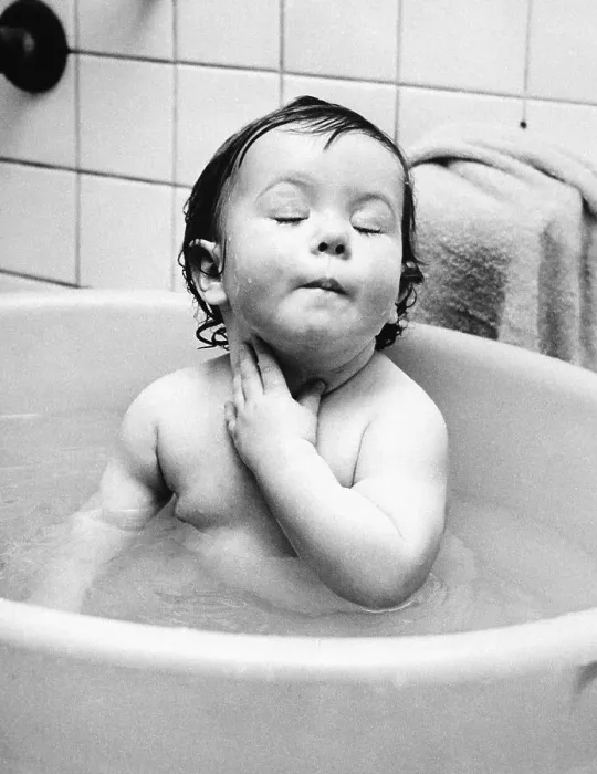 Framed Print : Expressive Infant Girl Bathing in Washtub Framed Print : Expressive Infant Girl Bathing in Washtub