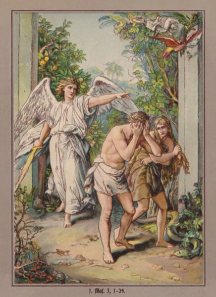 Expulsion of adam and eve from paradise, chromolithograph, published 1900
