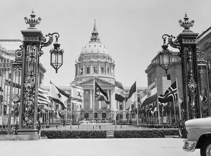 Framed Print : Exquisite Exterior of Building with Flags Framed Print : Exquisite Exterior of Building with Flags