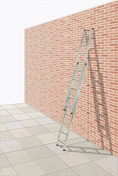 Extendable ladder against brick wall