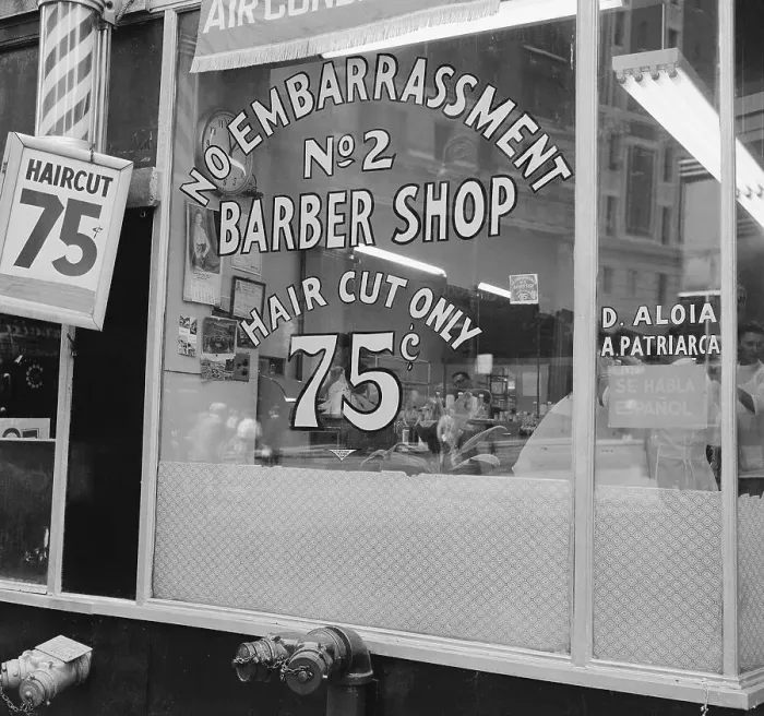 Framed Print : Exterior of Barber Shop with Signs Framed Print : Exterior of Barber Shop with Signs