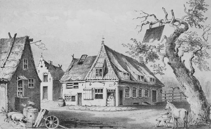 Framed Print : Exterior of Dutch Cottages with Church and Grounds Framed Print : Exterior of Dutch Cottages with Church and Grounds